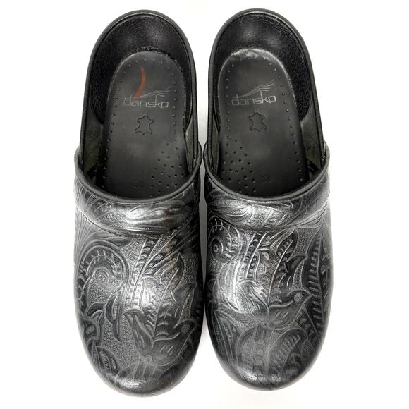 Dansko Professional Black Tooled Leather Clog Cushioned PU Foam Footbed 38 - Picture 2 of 14